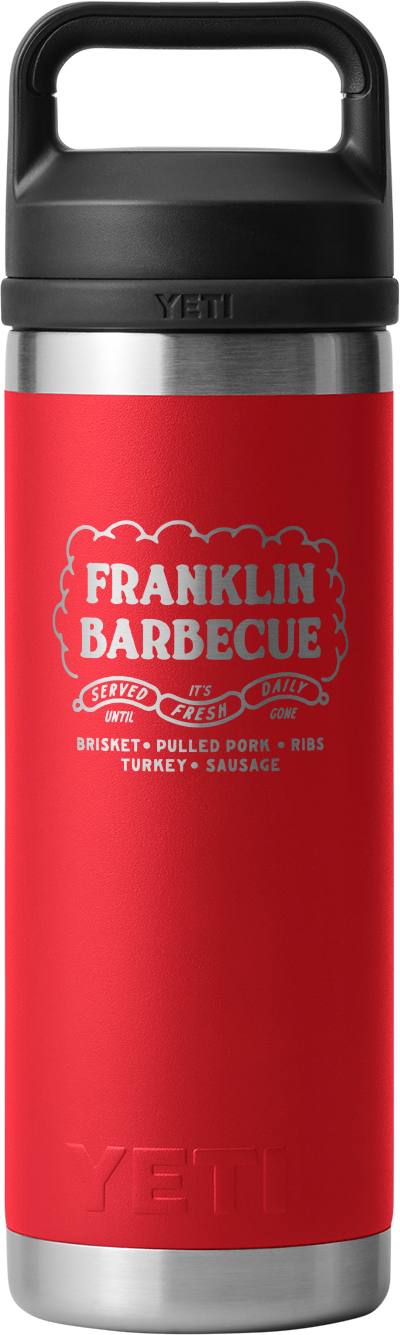 18 ounce metal water bottle that is mostly red with exposed silver on the top and bottom. It has a black screwtop. The Franklin Barbecue logo is printed in silver near the top. The Yeti logo is in raised red text near the bottom.