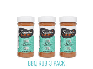 6 oz BBQ Rub 3 pack with teal label and Franklin Barbecue bean logo in black with white and orange lettering