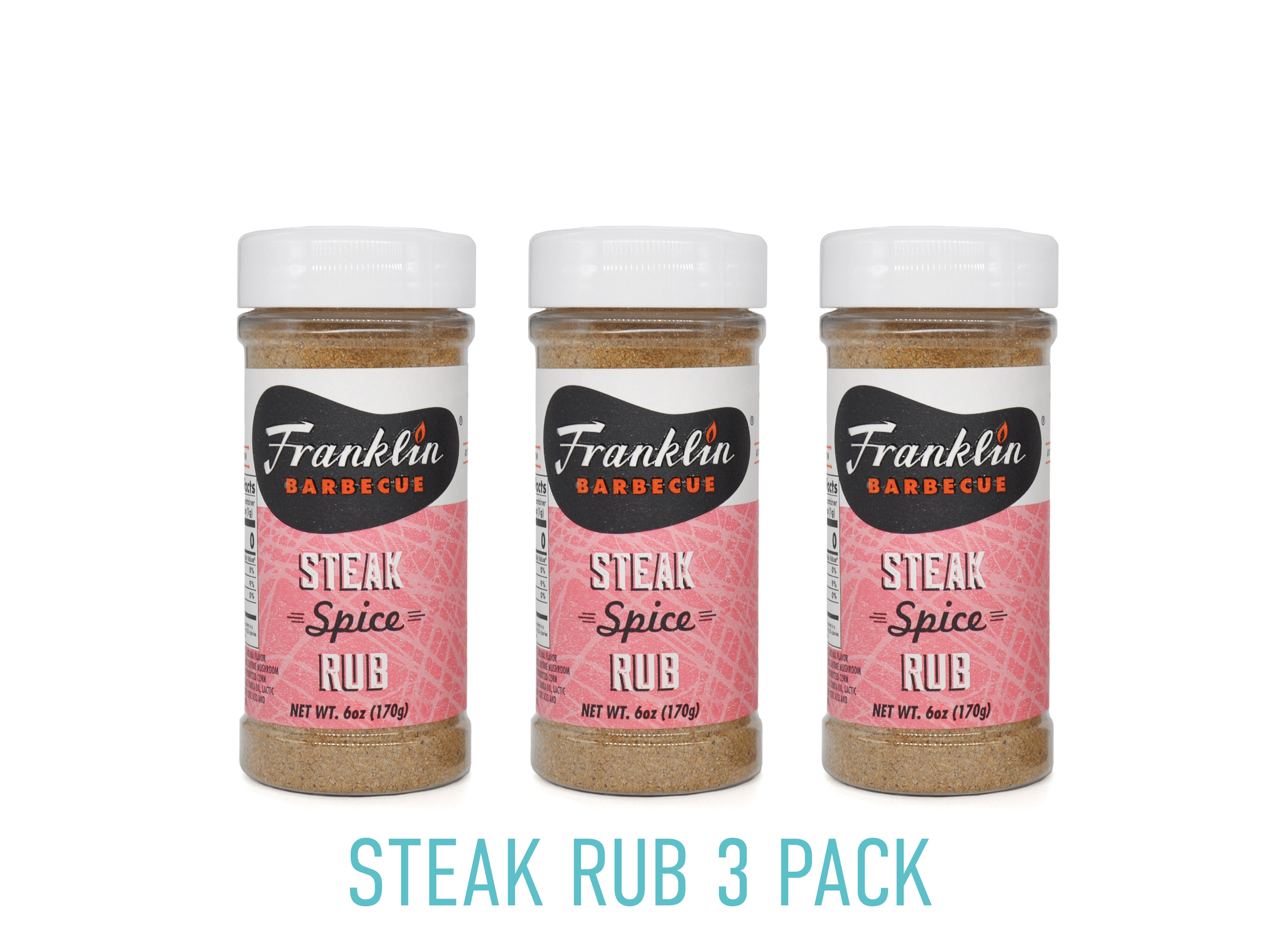 6 oz Steak Rub 3 pack with pink label and Franklin Barbecue bean logo in black with white and orange lettering