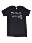 Black t-shirt. In the top center in blue, white and orange text it says "Austin Texas Franklin Barbecue. Worth the Wait. Tuesday to Sunday. 11am to sold out!" Below the text on the left side of the shirt is a picture of a blue and orange lawn chair.
