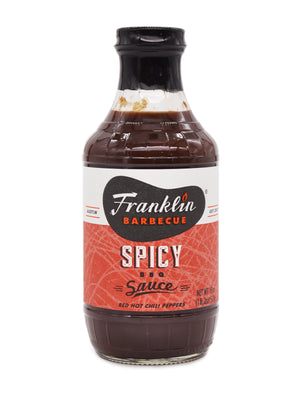 Front label of Franklin Barbecue Spicy sauce.