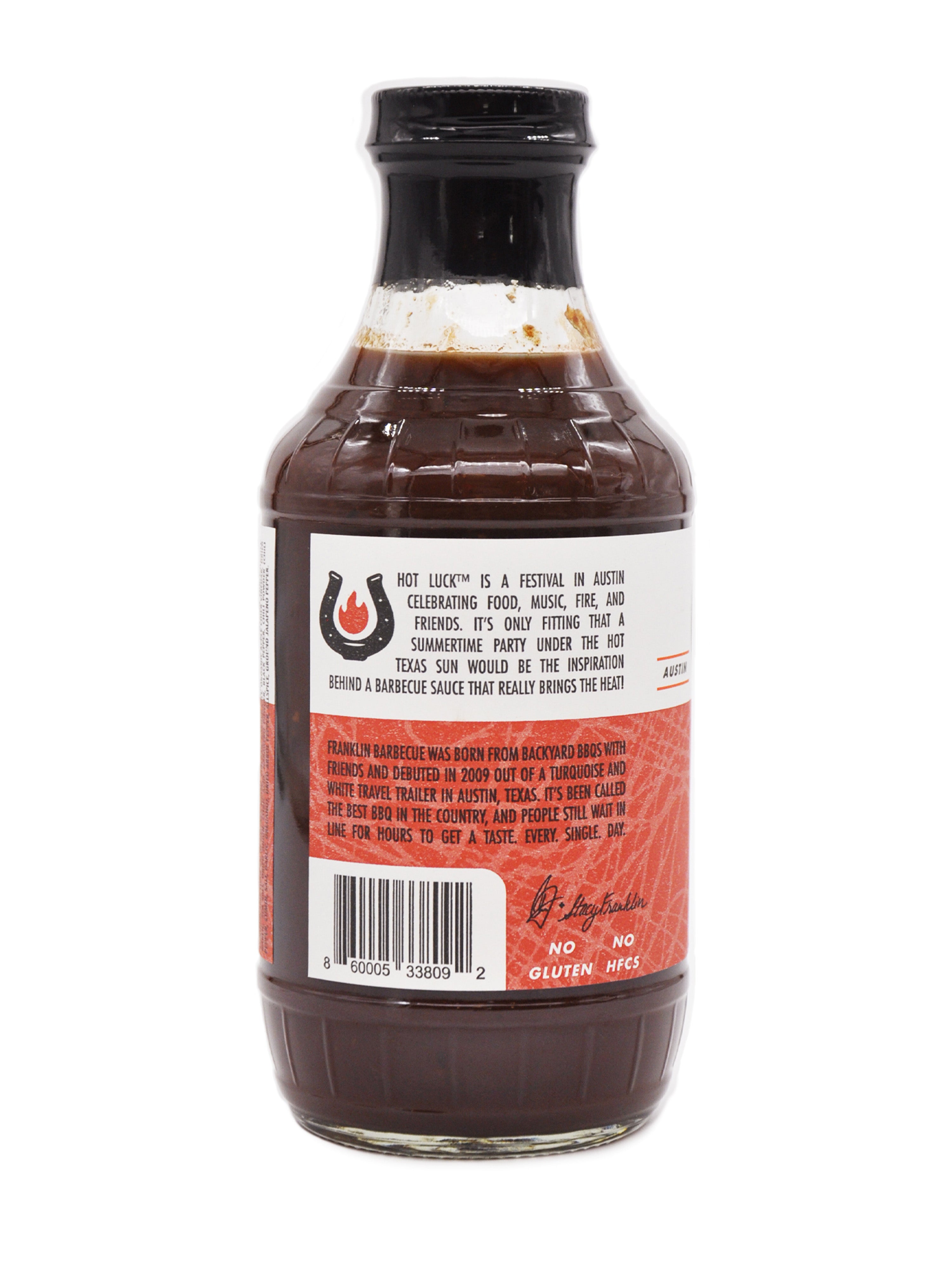 Back label of Franklin Barbecue Spicy sauce showing tasting notes and background story of the restaurant.