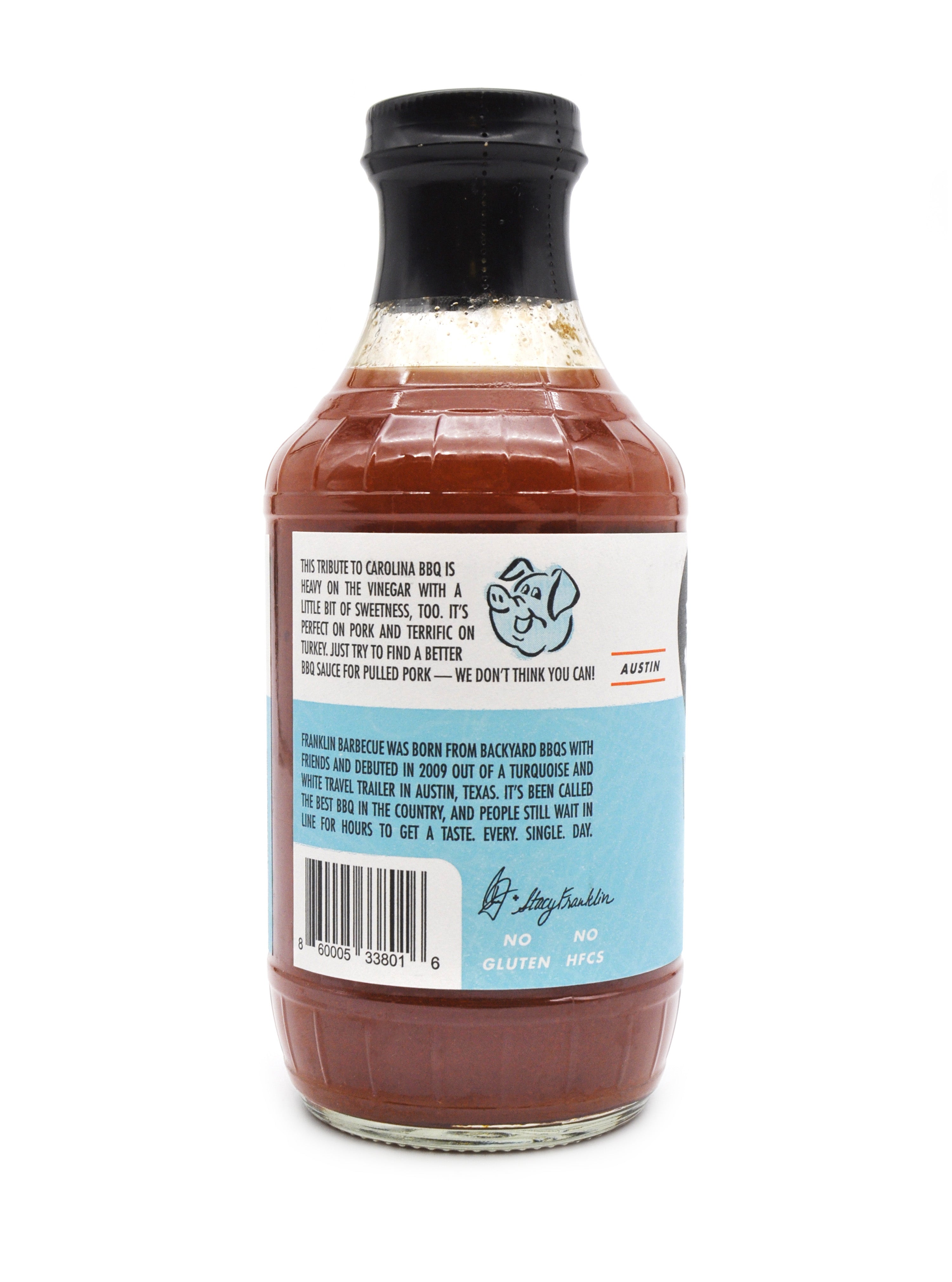 Back label of Franklin Barbecue Vinegar sauce showing tasting notes and background story of the restaurant.