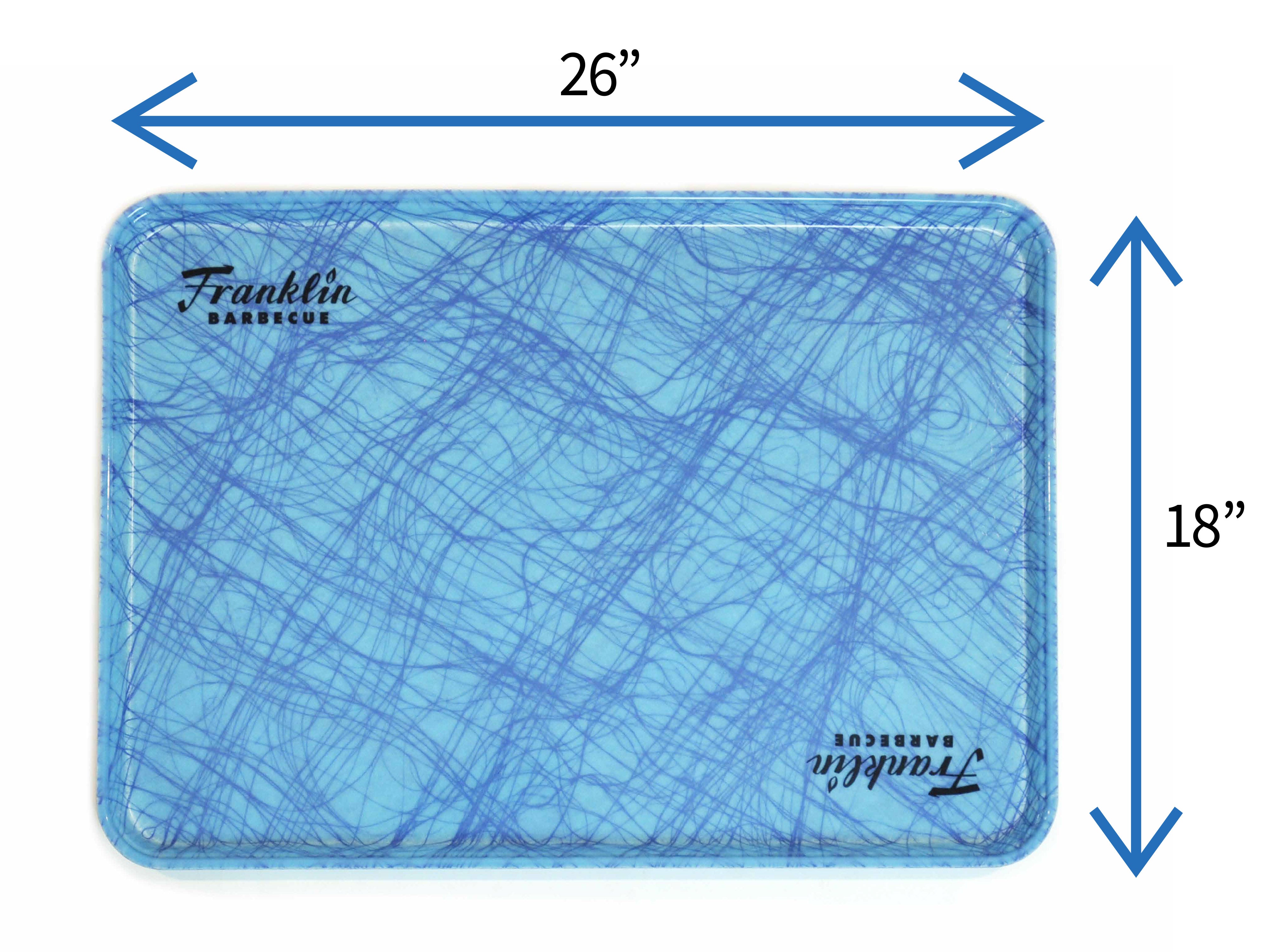 Extra Large serving tray in Swirl Blue. Dimensions are 18''x26''. Made from reinforced fiberglass. 