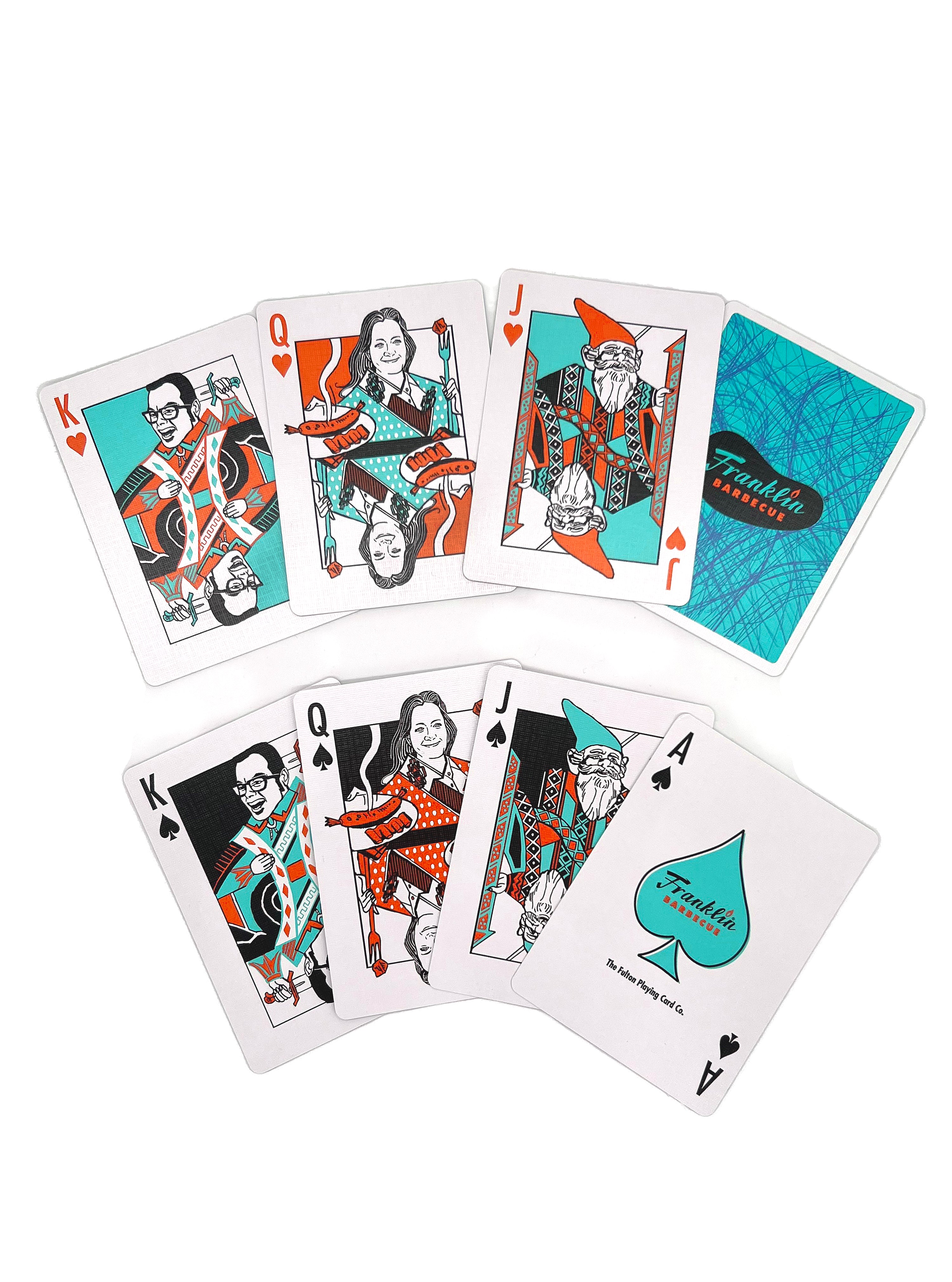 Face cards displayed. King card is Aaron Franklin, Queen  Card is Stacy Franklin, Joker card is a gnome, Ace card is the Franklin Barbecue bean logo 