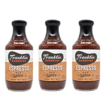 Three bottles of Franklin Barbecue Espresso BBQ Sauce arranged side by side on a white background.
