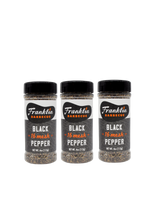 Three bottles of Franklin Barbecue Black Pepper 16 mesh on a white background.