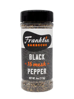 Jar of 4 oz Franklin Barbecue Black Pepper 16 mesh on a white background.