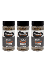 Three bottles of 8 oz Franklin Barbecue Black Pepper 16 mesh on a white background.