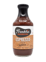 18 oz bottle of Texas craft sauce Franklin Barbecue Espresso BBQ Sauce on a white background.