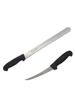 Two Franklin Barbecue knives with black handles on a white background