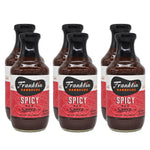 Six bottles of Franklin Barbecue Spicy BBQ Sauce arranged in two rows of three on a plain white background.