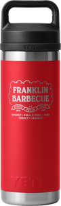 18 ounce metal water bottle that is mostly red with exposed silver on the top and bottom. It has a black screwtop. The Franklin Barbecue logo is printed in silver near the top. The Yeti logo is in raised red text near the bottom.