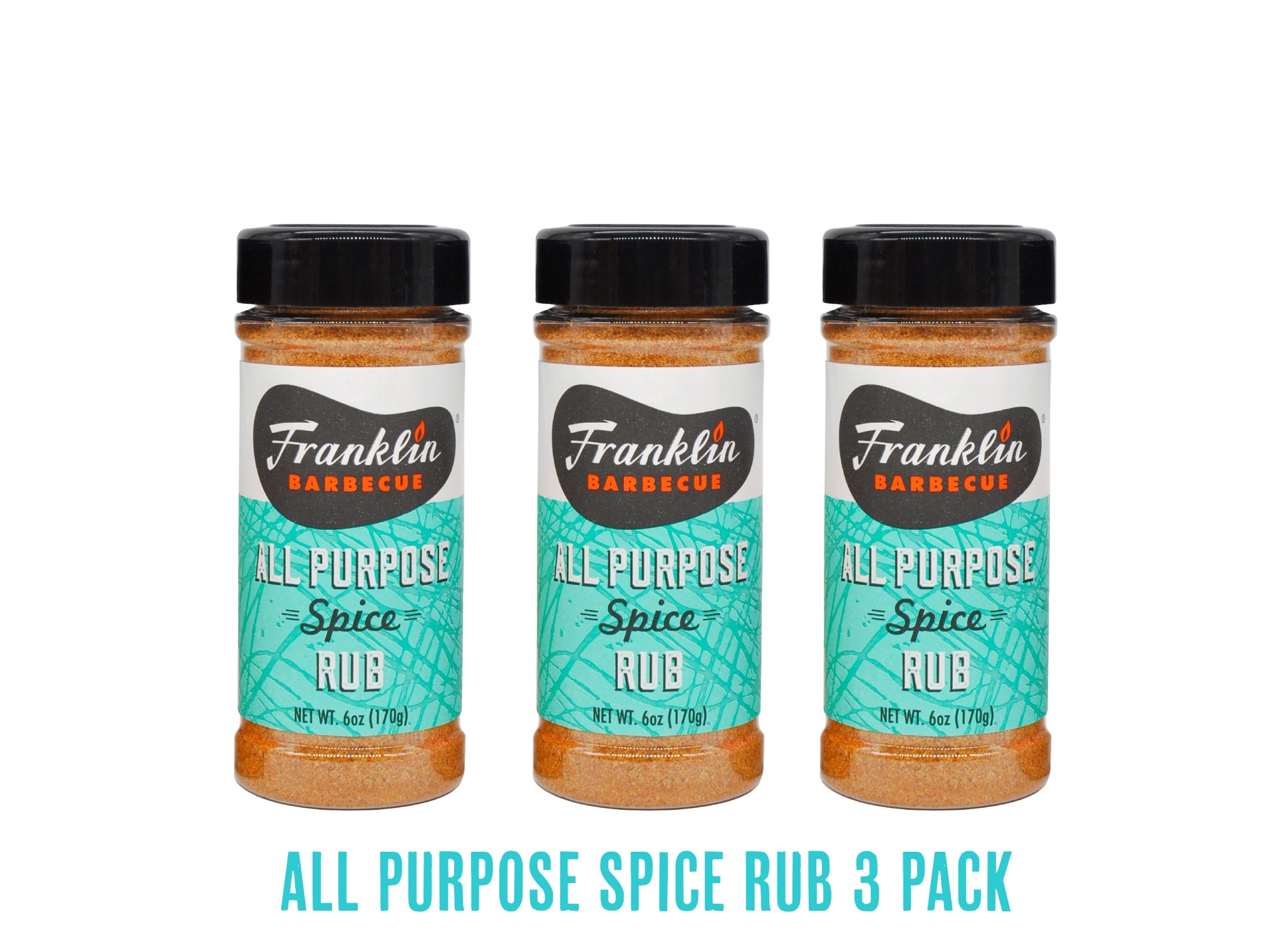Three bottles of Franklin Barbecue All Purpose Spice Rub on a white background