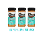 Three bottles of Franklin Barbecue All Purpose Spice Rub on a white background