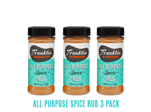 Three bottles of Franklin Barbecue All Purpose Spice Rub on a white background