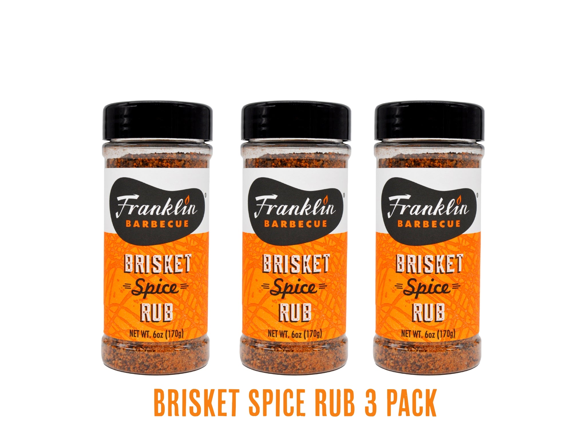 Three bottles of Franklin Barbecue Brisket Spice Rub on a white background