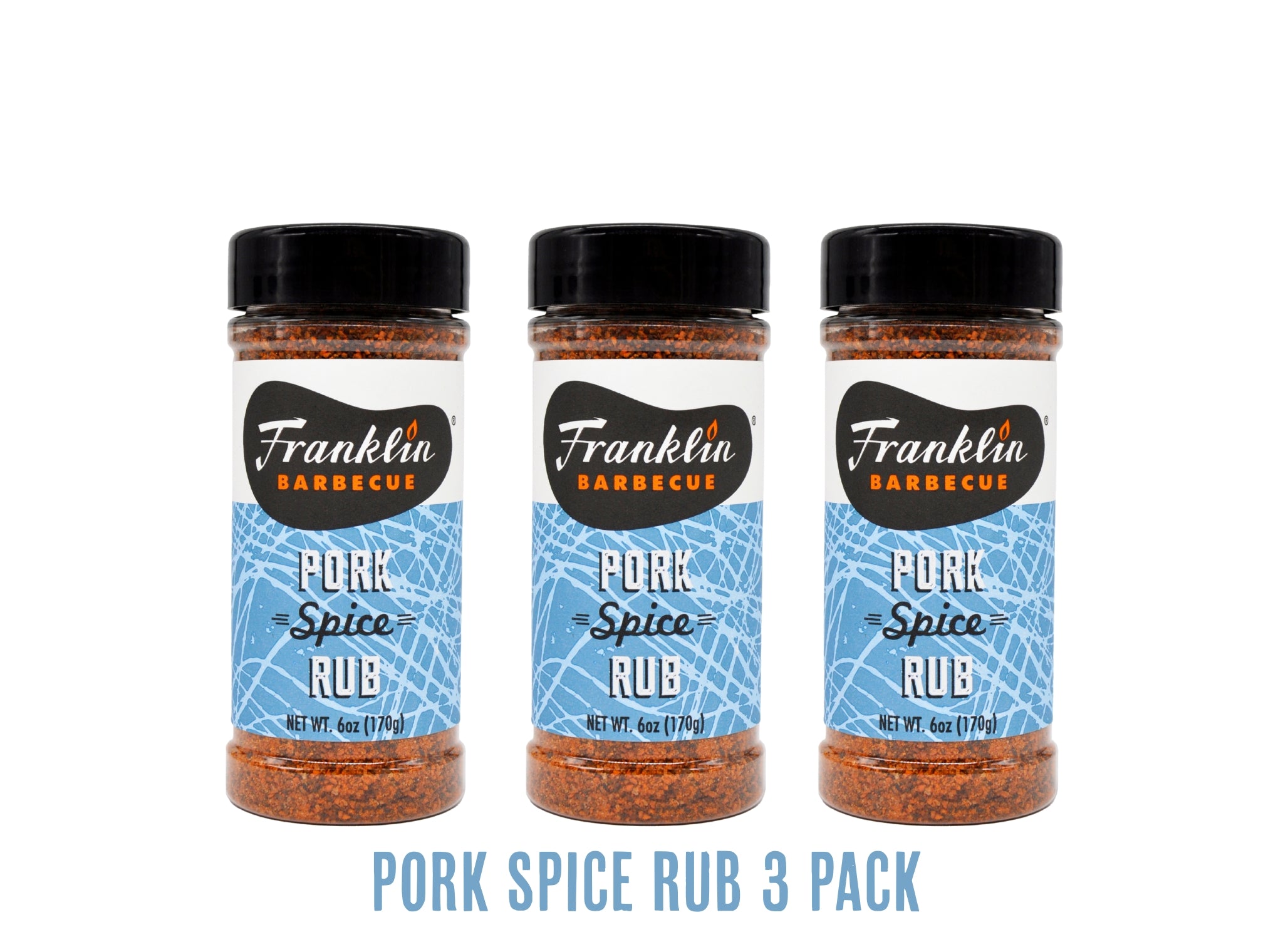 Three bottles of Franklin Barbecue Pork Spice Rub on a white background