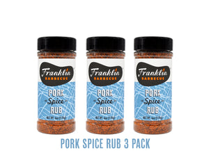 Three bottles of Franklin Barbecue Pork Spice Rub on a white background