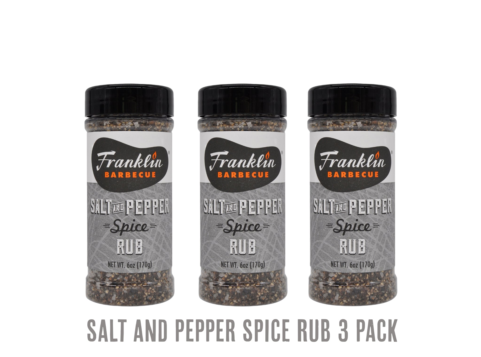 Three bottles of Franklin Barbecue Salt and Pepper Spice Rub on a white background