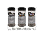 Three bottles of Franklin Barbecue Salt and Pepper Spice Rub on a white background
