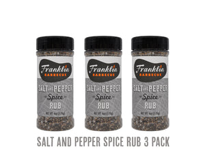 Three bottles of Franklin Barbecue Salt and Pepper Spice Rub on a white background