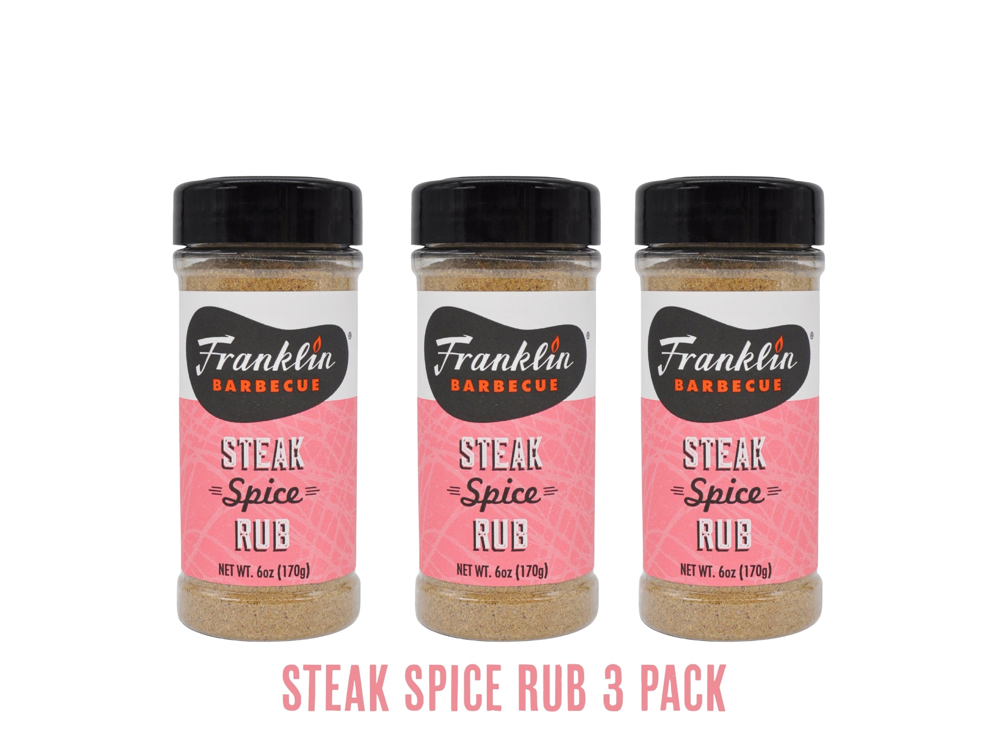 Three bottles of Franklin Barbecue Steak Spice Rub on a white background