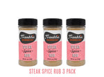 Three bottles of Franklin Barbecue Steak Spice Rub on a white background