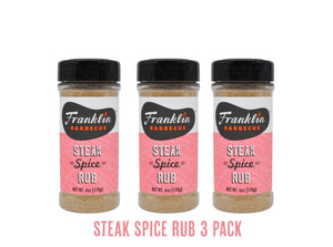 Three bottles of Franklin Barbecue Steak Spice Rub on a white background