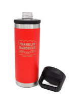 18 ounce metal water bottle that is mostly red with exposed silver on the top and bottom. The Franklin Barbecue logo is printed in silver near the top. The Yeti logo is in raised red text near the bottom. The plastic black screw top is off and next the bottle. A medium-sized cylindrical plastic spout for drinking is revealed at the top of the bottle.