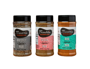 Variety pack of all three 11.5 oz bottles of our rub.  The Brisket, steak and BBQ spice rubs. The bottles are see through and the labels feature the Franklin logo.