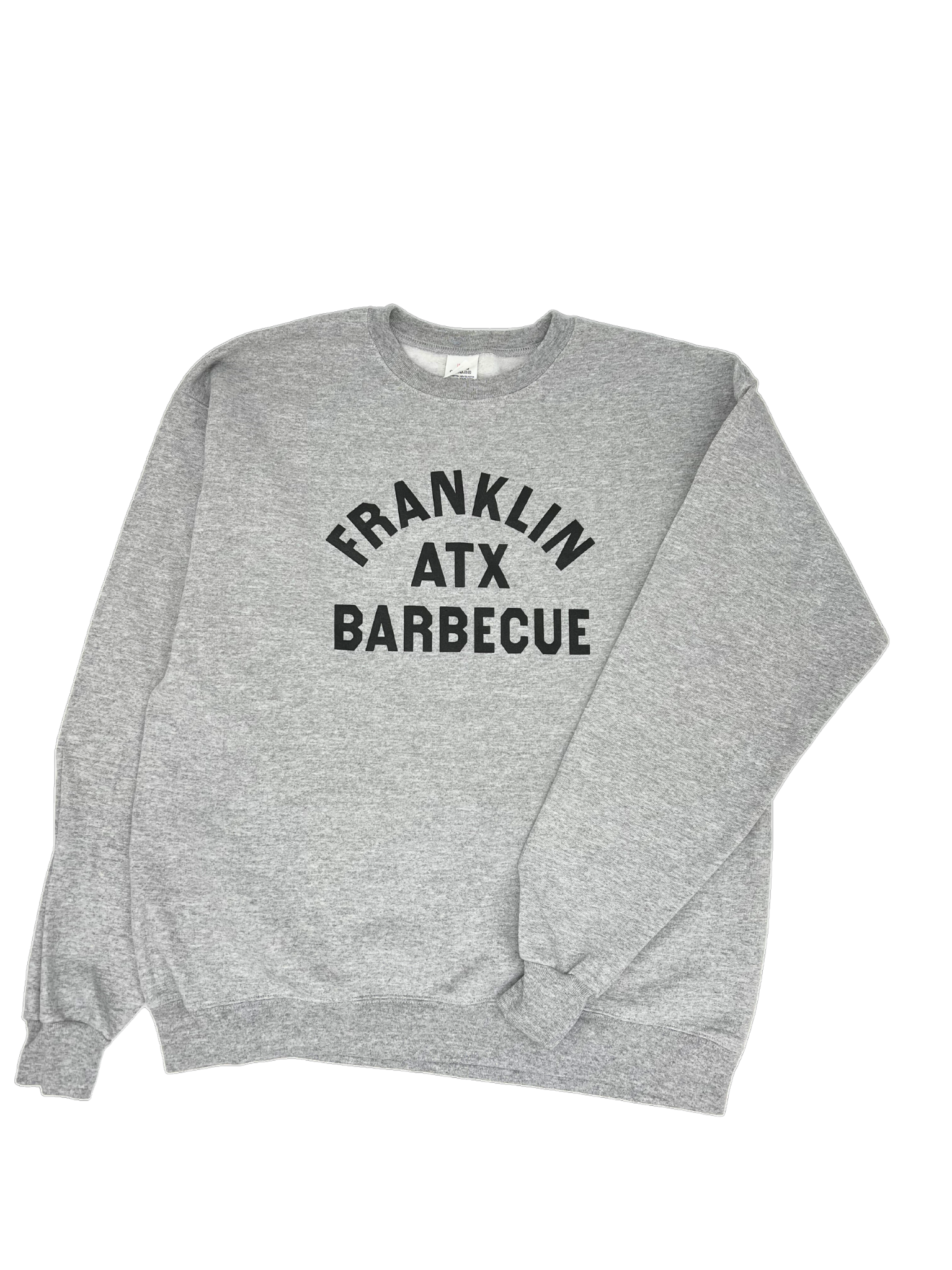 Light grey sweatshirt. In black text on it are the words "Franklin ATX Barbecue".