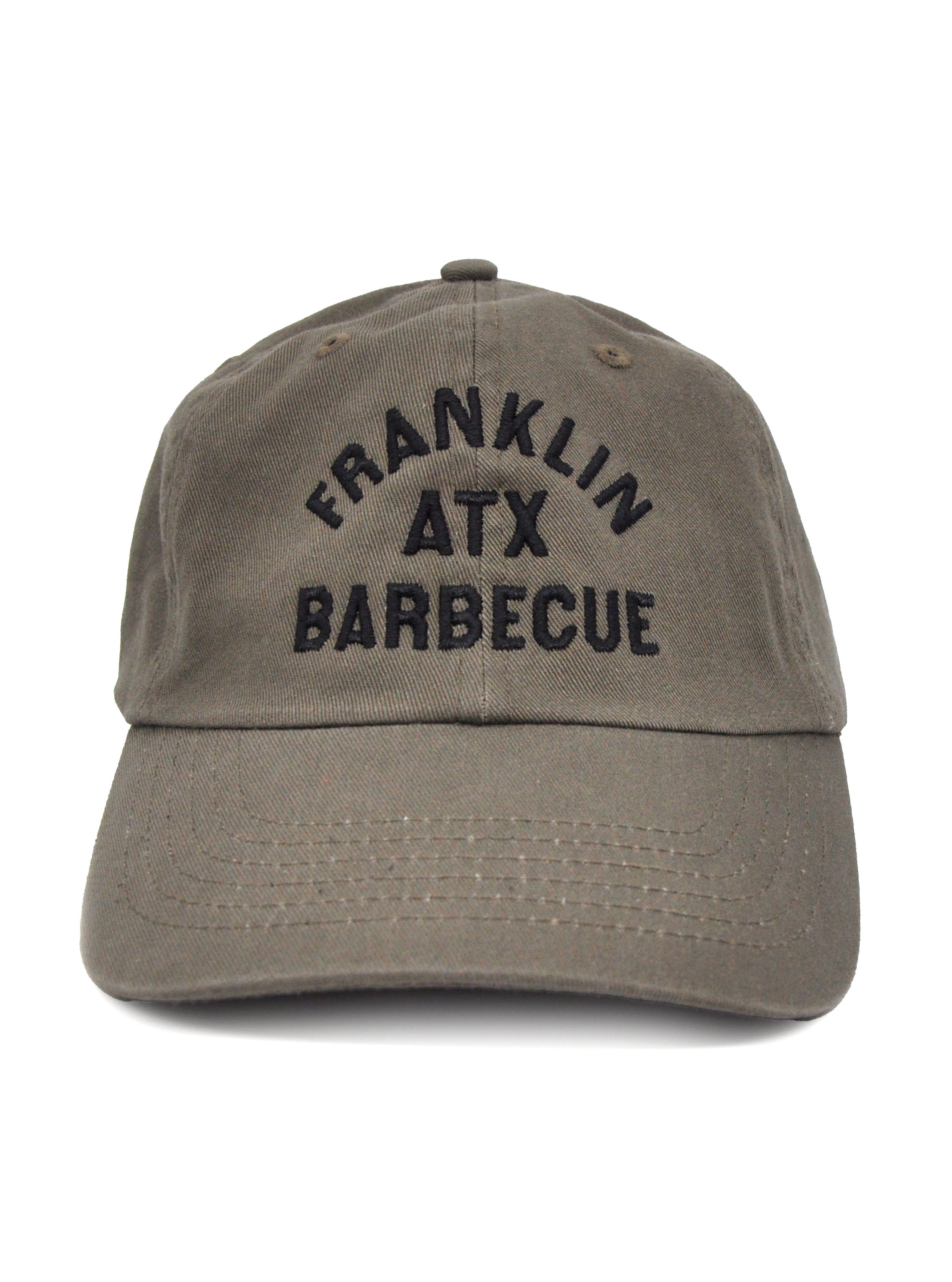 Olive color soft dad hat with FRANKLIN ATX BARBECUE black stitching in all caps.