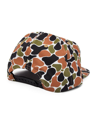 Back view of a black, army green, white and tan camo hat with an adjustable black plastic snap back.