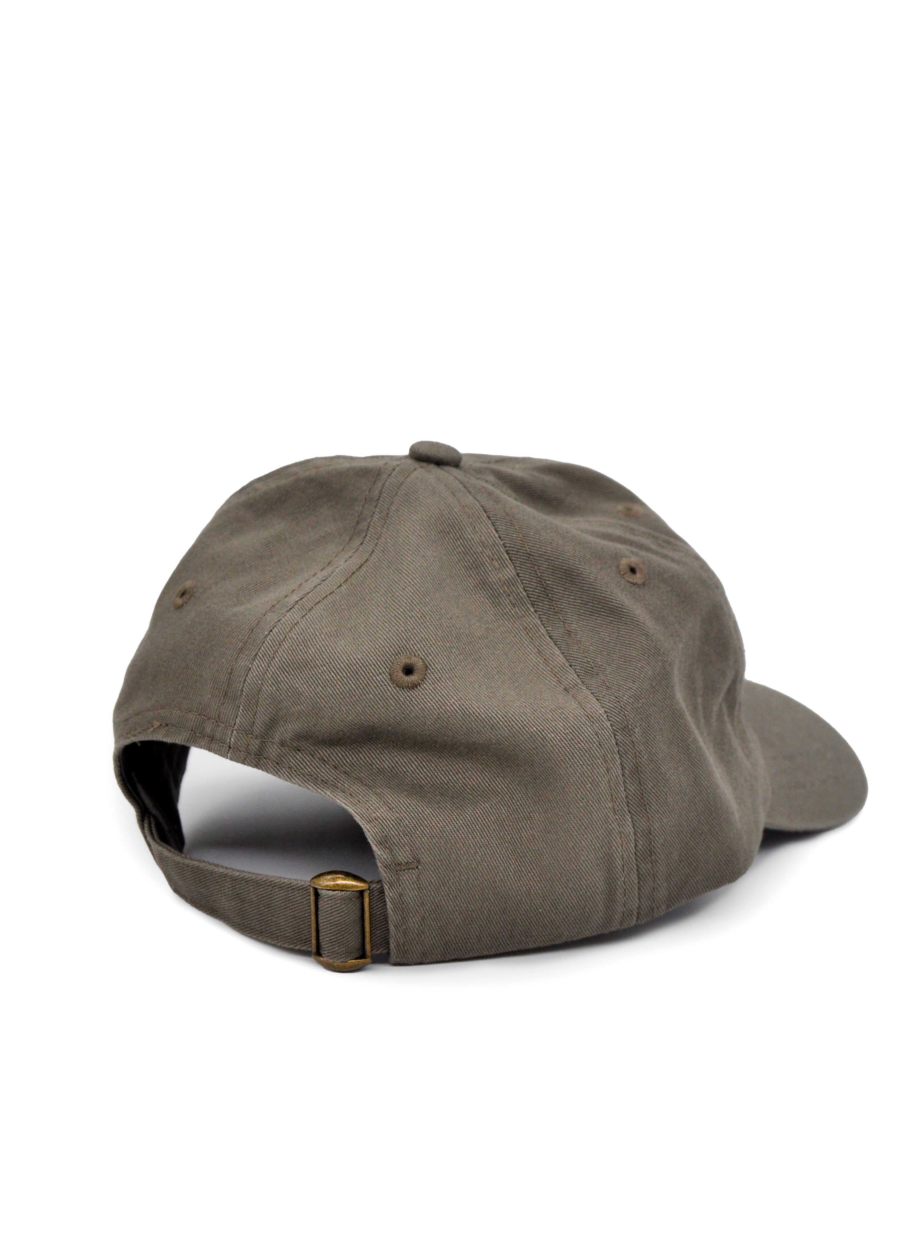 Back of olive colored soft dad hat with brass clasp