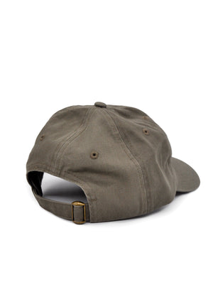 Back of olive colored soft dad hat with brass clasp