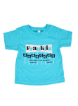 Small children's sized light blue t-shirt. In fun letters centered on the shirt it reads: "Franklin Barbecue". Perpendicular white lines are attached to the bottom of each letter as if they were a displayed sign. Below that on the shirt is our address: "900 East 11th Street. Austin Texas".   