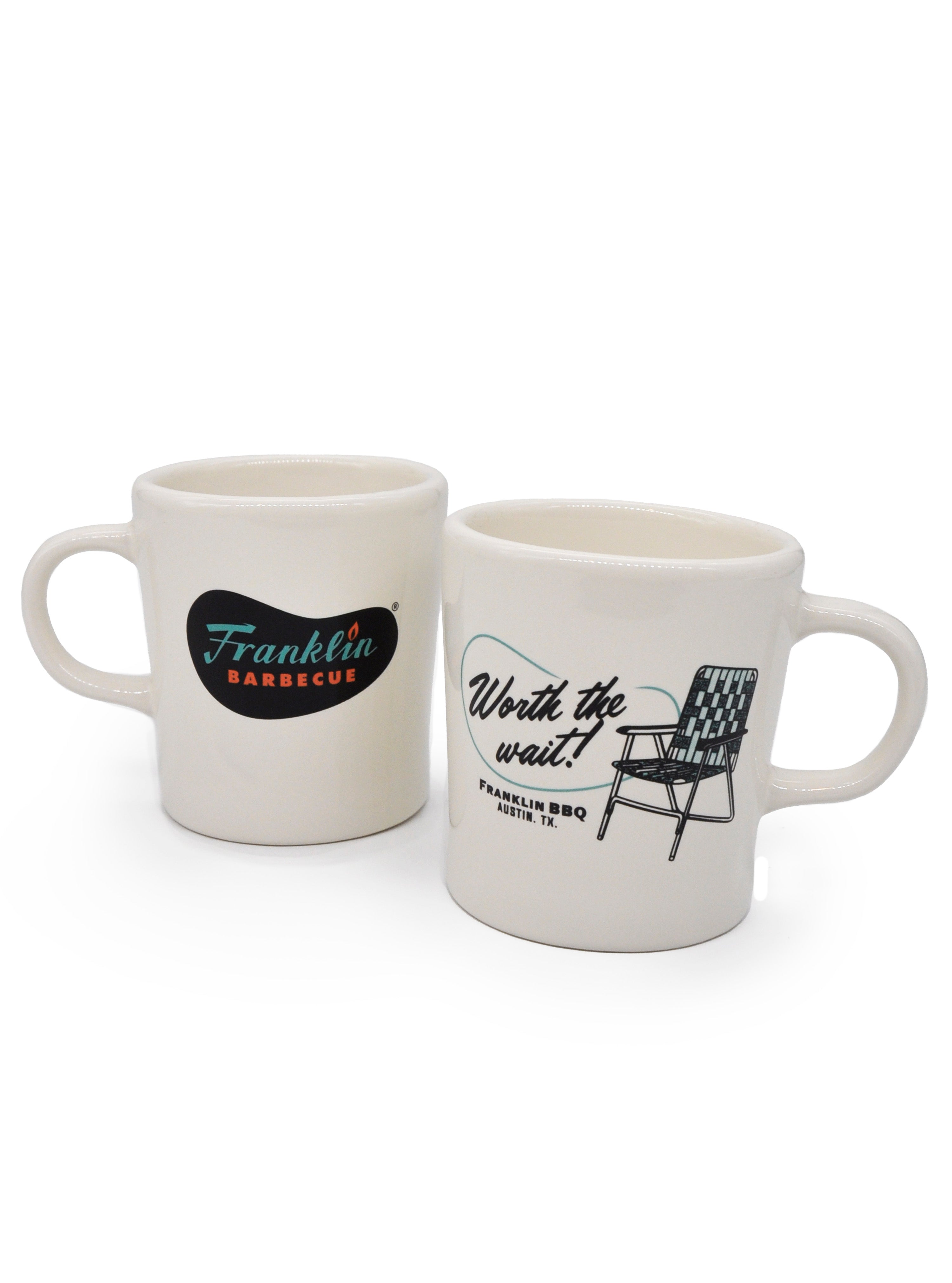 Thick white mug featuring Franklin logo and a picture of a lawn chair with "Worth the Wait!" written next to it.