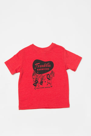 Toddler Kids Franklin Barbecue T-shirt in red with logo and dancing pig family printed in black.