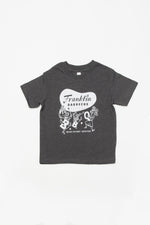Toddler Kids Franklin Barbecue T-shirt in grey with logo and dancing pig family printed in white.
