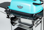 Close up of teal and coal grill showing the front shelf and belly bar.