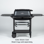 Coal black grill with vintage vibes includes aluminum folding shelves on both sides, 2 slots below the grill for sheet trays, black legs and 2 rolling wheels.