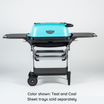Teal and coal black grill with vintage vibes includes aluminum folding shelves on both sides, 2 slots below the grill for sheet trays, aluminum legs and 2 rolling wheels.