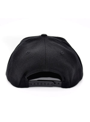 Back of Black cap with plastic adjustable snapback hat closure. 