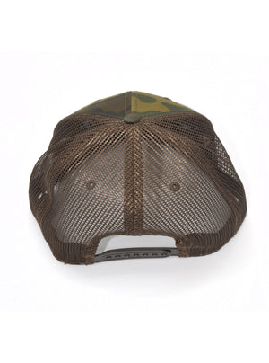 Back of Camouflage cap with mesh backing and plastic adjustable snapback hat closure. 
