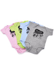 Four onesies in varying colors with Franklin Barbecue bean logo in black