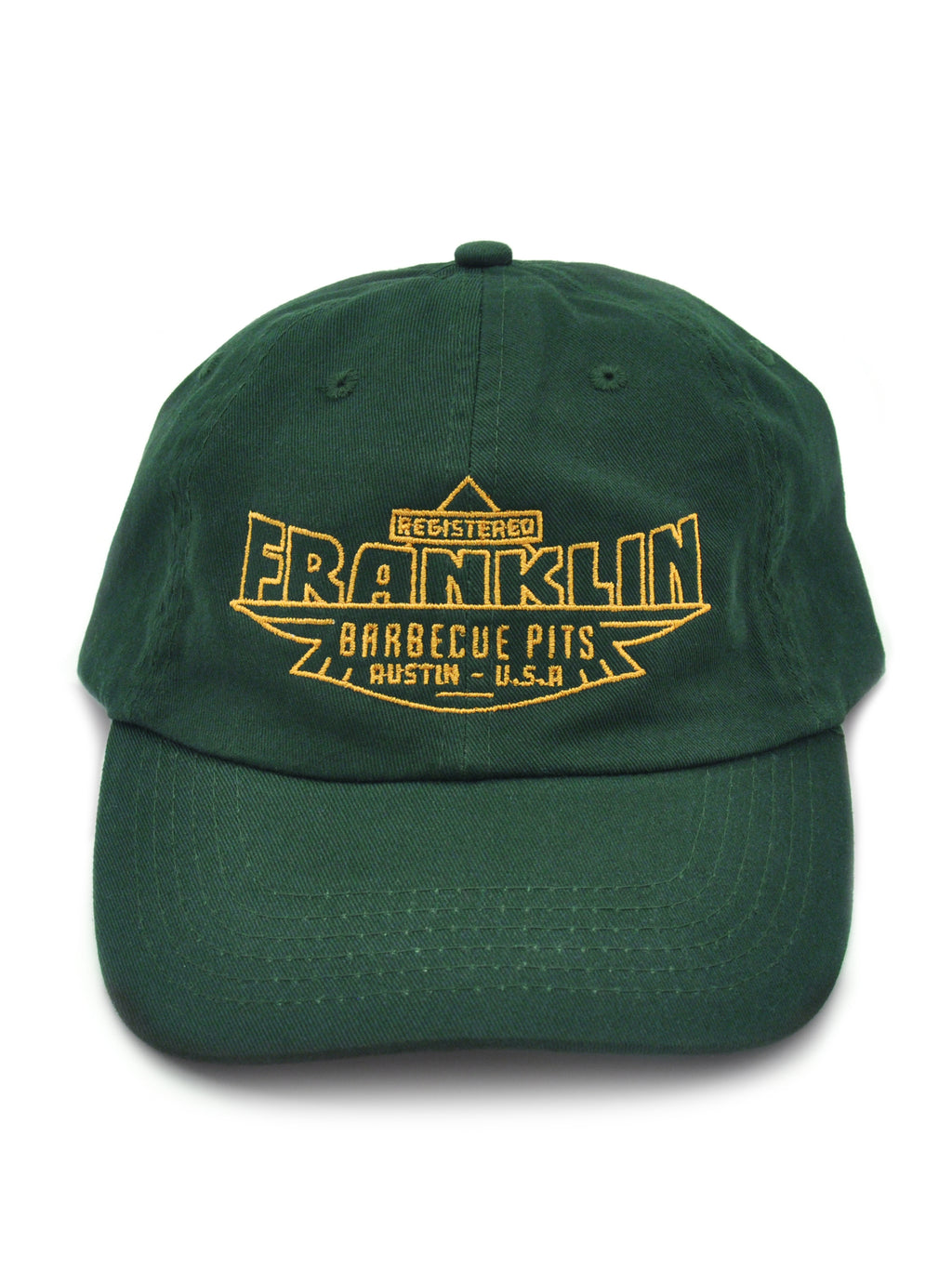 Dark green hat with logo saying "Registered Franklin Barbecue Pits Austin U.S.A." in yellow