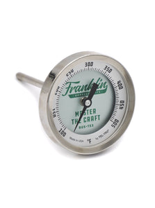 Thermometer with Franklin Barbecue Pits logo and Master the Craft Aus Tex in green