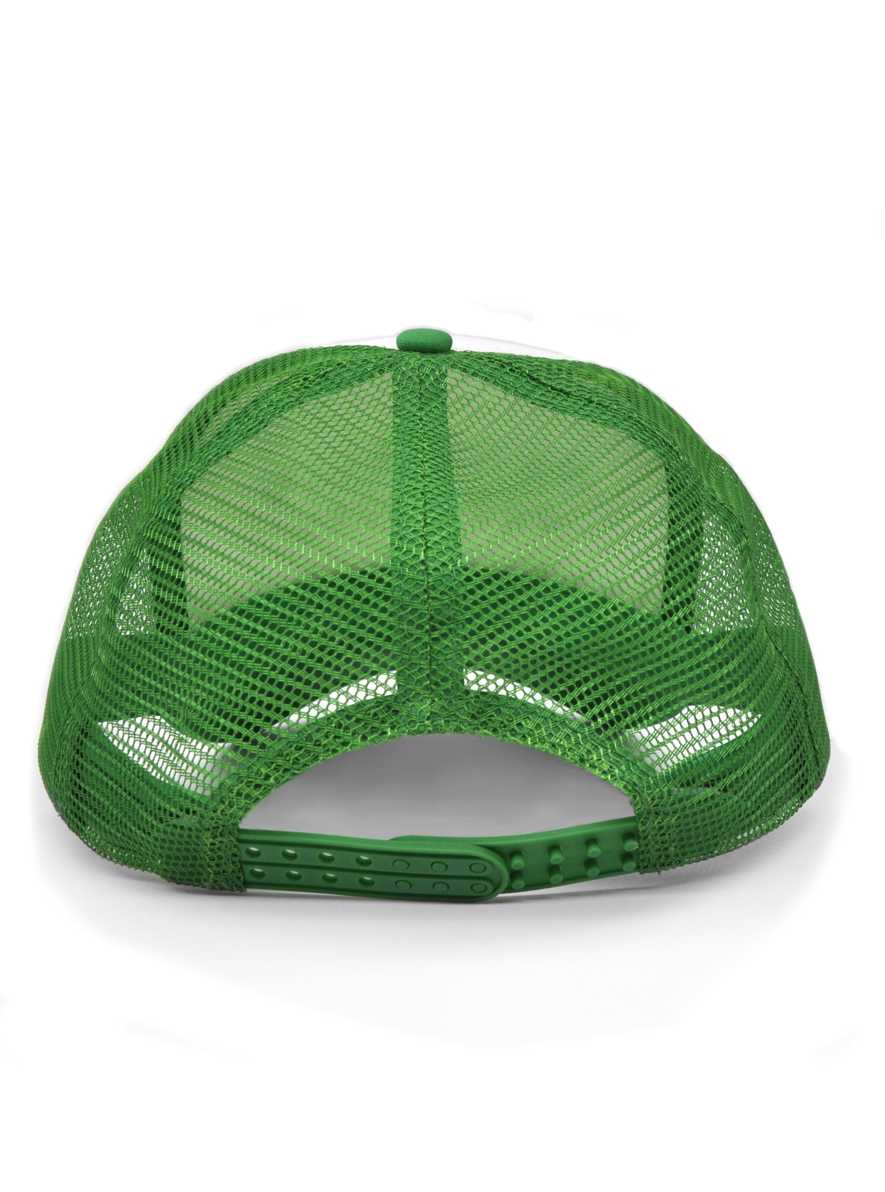 Back view of Franklin BBQ Pits Trucker Hat with green mesh backing and adjustable plastic snap back closure.
