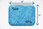 Large Franklin Barbecue serving tray in Swirl Blue. Dimensions are 14''x18''. Made from reinforced fiberglass. 